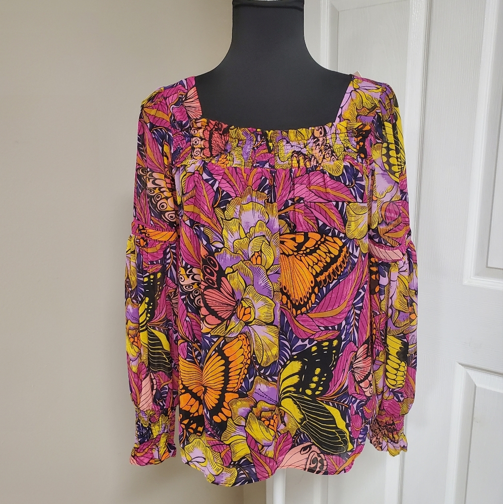 Anthropology Alexander Farmer Flouncy Boho Colorful Blouse Butterfly